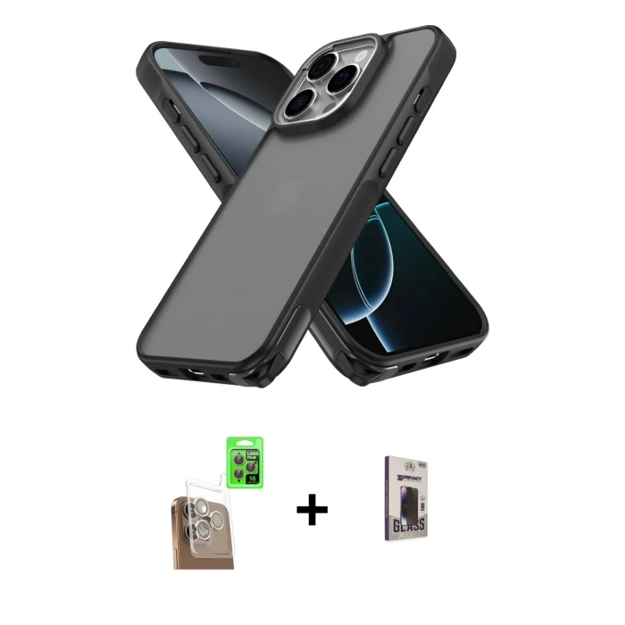 MARSİLYAN™- iPhone 16 Pro Max Kılıf Atlas Form - Siyah Bilvis Hayalet Cam Ekran Koruyucu + Raze Metal Kamera Lens - CLTM
