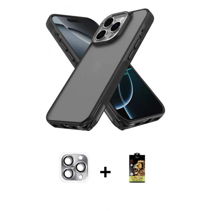 MARSİLYAN™- iPhone 16 Pro Max Kılıf Atlas Form - Siyah Buffer Cam Ekran Koruyucu + Gri Pers Alüminyum Kamera Lens
