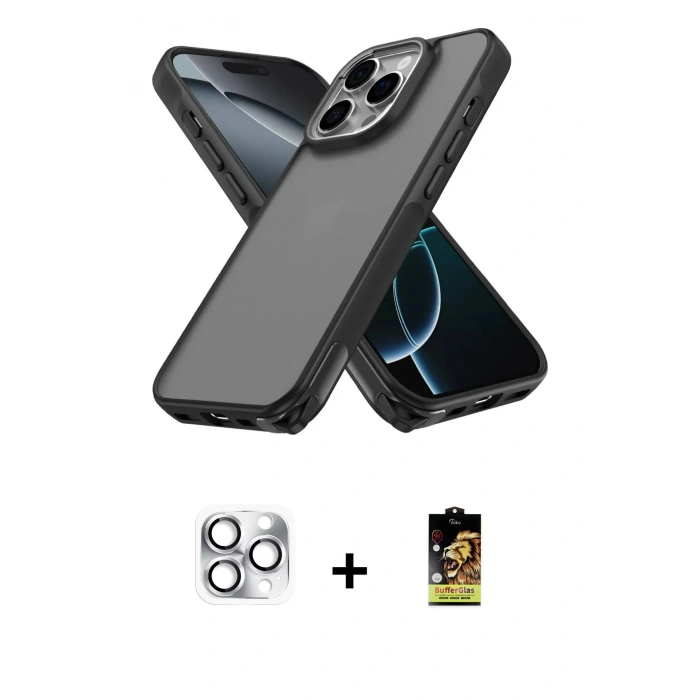 MARSİLYAN™- iPhone 16 Pro Max Kılıf Atlas Form - Siyah Buffer Cam Ekran Koruyucu + Pers Alüminyum Kamera Lens - GS