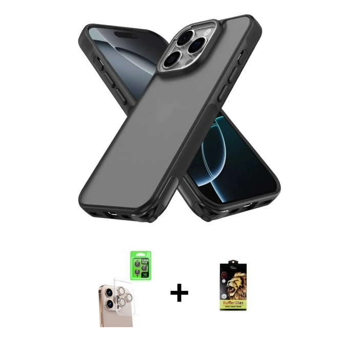 MARSİLYAN™- iPhone 16 Pro Max Kılıf Atlas Form - Siyah Buffer Cam Ekran Koruyucu + Raze Metal Kamera Lens - NLGY