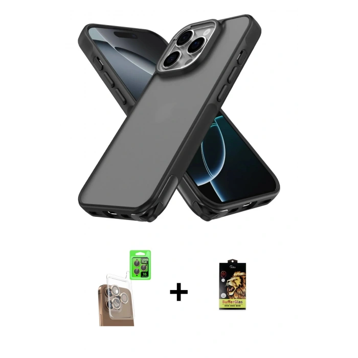 MARSİLYAN™- iPhone 16 Pro Max Kılıf Atlas Form - Siyah Buffer Cam Ekran Koruyucu + Raze Metal Kamera Lens - CLTM