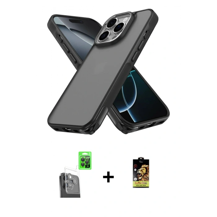 MARSİLYAN™- iPhone 16 Pro Max Kılıf Atlas Form - Siyah Buffer Cam Ekran Koruyucu + Raze Metal Kamera Lens - SH
