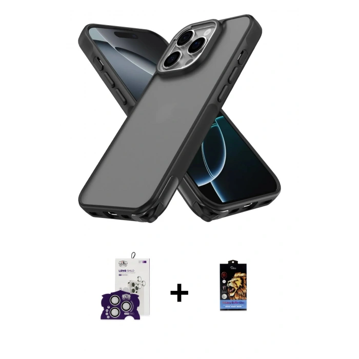 MARSİLYAN™- iPhone 16 Pro Max Kılıf Atlas Form - Siyah Buffer Hayalet Cam Ekran Koruyucu + Bilvis Titan Kamera Lens - GS