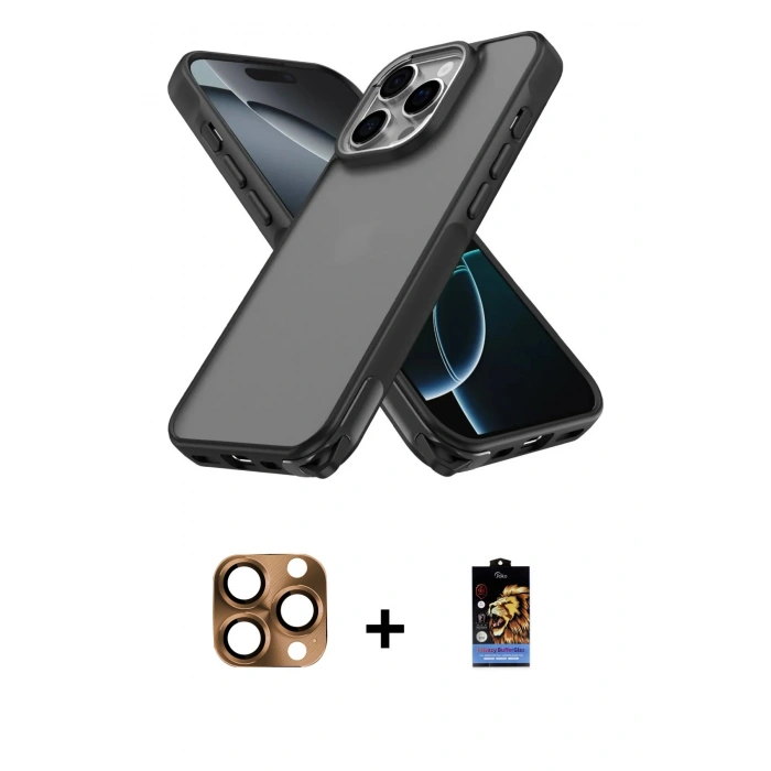 MARSİLYAN™- iPhone 16 Pro Max Kılıf Atlas Form - Siyah Buffer Hayalet Cam Ekran Koruyucu + Pers Alüminyum Kamera Lens - CLTM