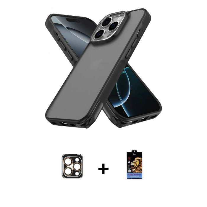 MARSİLYAN™- iPhone 16 Pro Max Kılıf Atlas Form - Siyah Buffer Hayalet Cam Ekran Koruyucu + PVD Metal Kamera Lens - GD