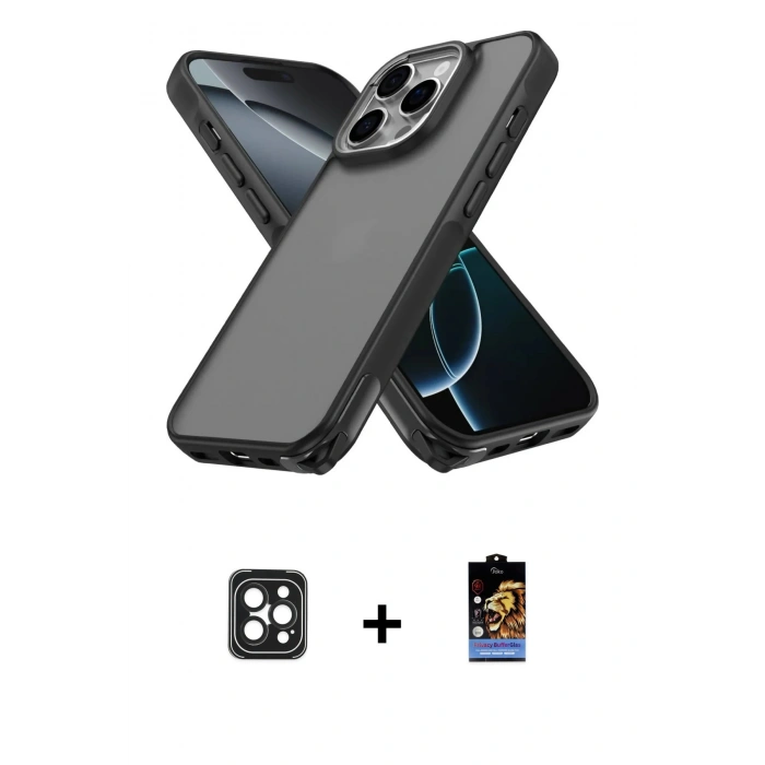 MARSİLYAN™- iPhone 16 Pro Max Kılıf Atlas Form - Siyah Buffer Hayalet Cam Ekran Koruyucu + PVD Metal Kamera Lens - SH