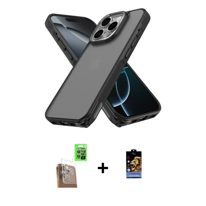 MARSİLYAN™- iPhone 16 Pro Max Kılıf Atlas Form - Siyah Buffer Hayalet Cam Ekran Koruyucu + Raze Metal Kamera Lens - CLTM