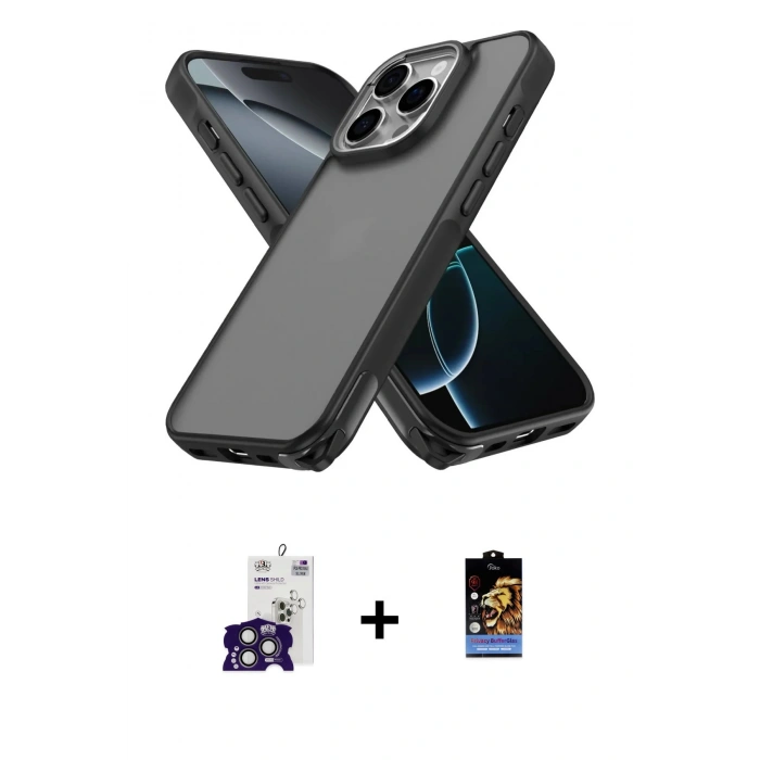 MARSİLYAN™- iPhone 16 Pro Max Kılıf Atlas Form - Siyah Buffer Hayalet Cam Ekran Koruyucu + Bilvis Titan Kamera Lens - TMGI