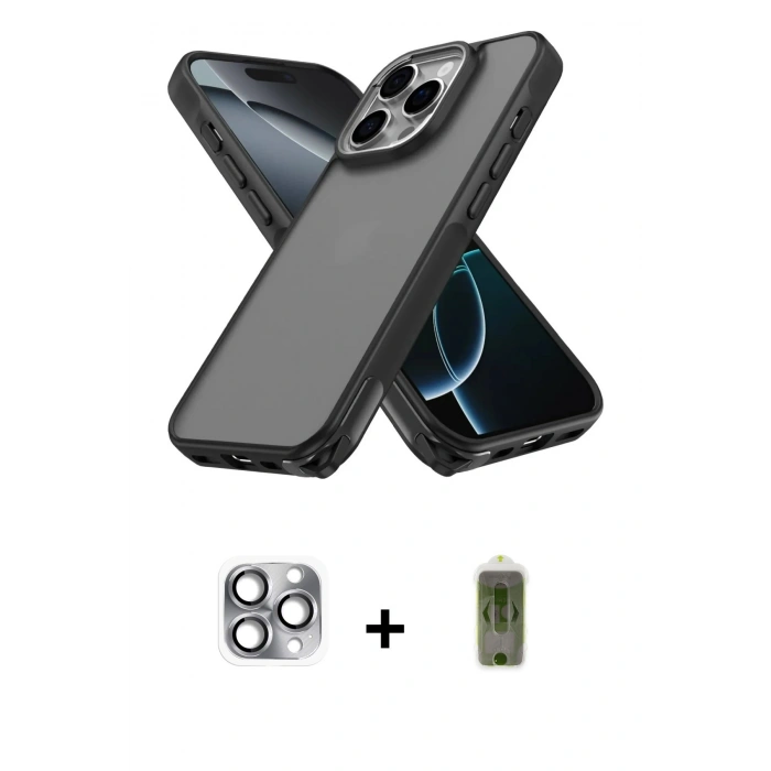 MARSİLYAN™- iPhone 16 Pro Max Kılıf Atlas Form - Siyah Joko Magic 5D Hayalet Cam + Gri Pers Alüminyum Kamera Lens