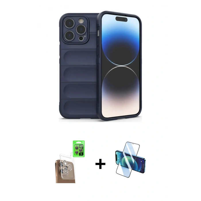 MARSİLYAN™- iPhone 16 Pro Max Kılıf Atlas Koleksiyonu - Siyah 3D Antistatik Cam Ekran Koruyucu + Raze Metal Kamera Lens - CLTM