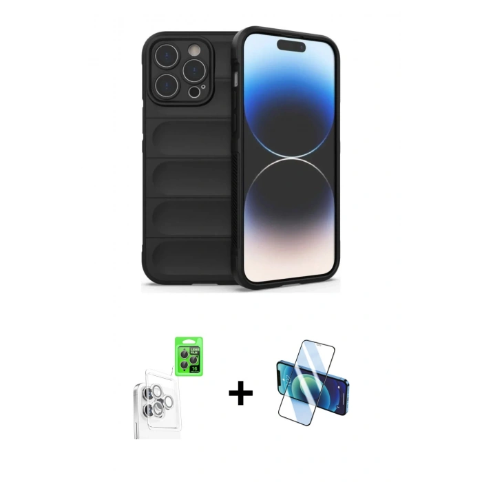 MARSİLYAN™- iPhone 16 Pro Max Kılıf Atlas Koleksiyonu - Siyah 3D Antistatik Cam Ekran Koruyucu + Raze Metal Kamera Lens - BZ