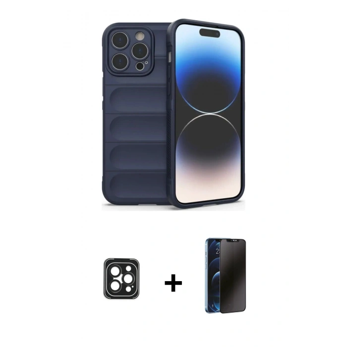MARSİLYAN™- iPhone 16 Pro Max Kılıf Atlas Koleksiyonu - Siyah 3D Antistatik Hayalet Cam Ekran Koruyucu + PVD Metal Kamera Lens - SH