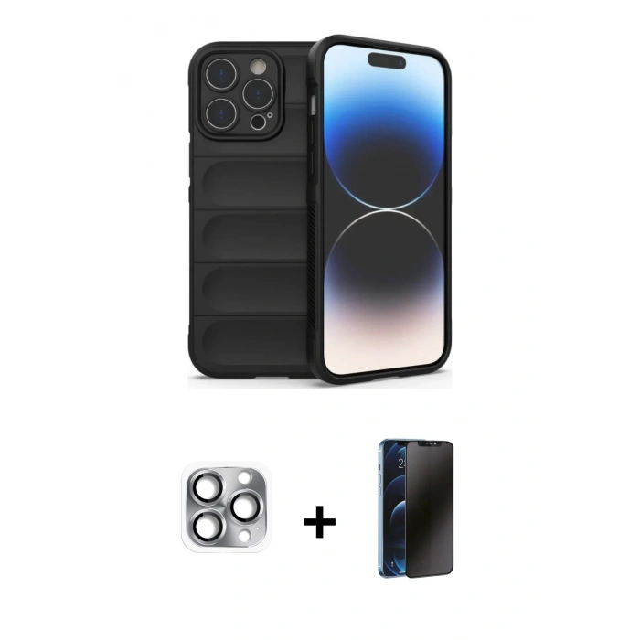 MARSİLYAN™- iPhone 16 Pro Max Kılıf Atlas Koleksiyonu - Siyah 3D Antistatik Hayalet Cam Ekran Koruyucu + Pers Alüminyum Kamera Lens - GI
