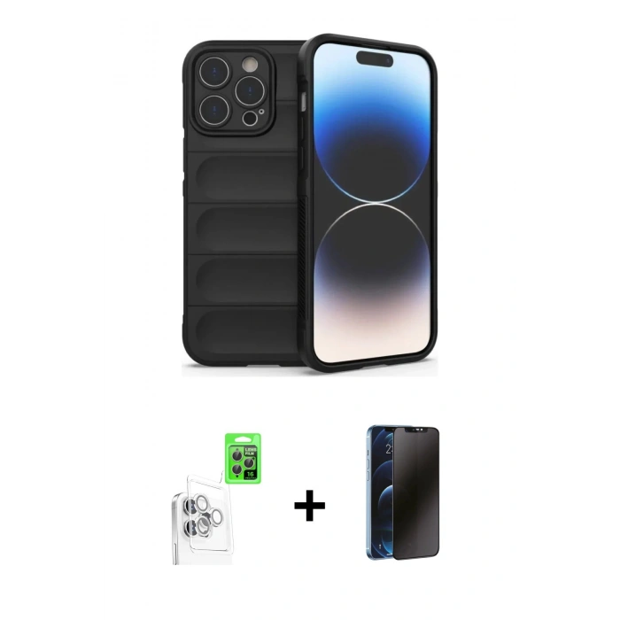MARSİLYAN™- iPhone 16 Pro Max Kılıf Atlas Koleksiyonu - Siyah 3D Antistatik Hayalet Cam Ekran Koruyucu + Raze Metal Kamera Lens - BZ