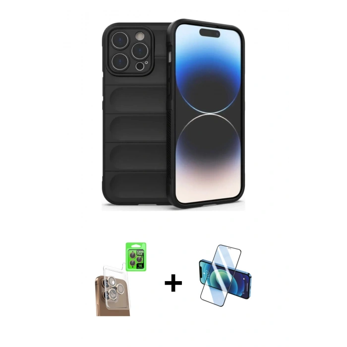 MARSİLYAN™- iPhone 16 Pro Max Kılıf Atlas Koleksiyonu - Siyah 3D Antistatik Seramik Nano Ekran Koruyucu + Raze Metal Kamera Lens - CLTM