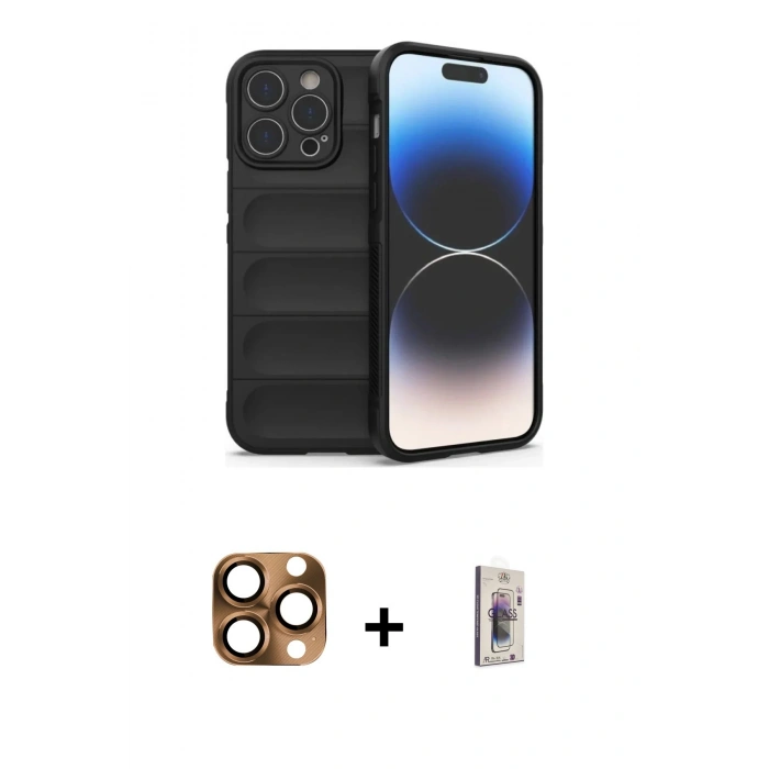 MARSİLYAN™- iPhone 16 Pro Max Kılıf Atlas Koleksiyonu - Siyah Bilvis 3D Cam Ekran Koruyucu + Pers Alüminyum Kamera Lens - CLTM