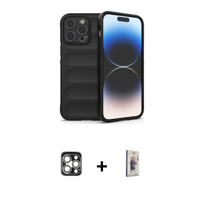 MARSİLYAN™- iPhone 16 Pro Max Kılıf Atlas Koleksiyonu - Siyah Bilvis 3D Cam Ekran Koruyucu + PVD Metal Kamera Lens - GS