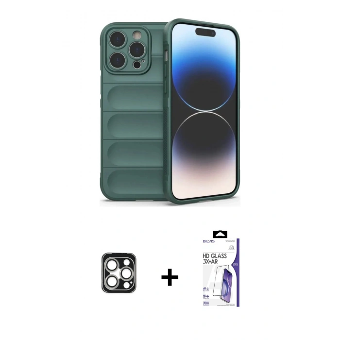 MARSİLYAN™- iPhone 16 Pro Max Kılıf Atlas Koleksiyonu - Siyah Bilvis 3X AR HD Cam Ekran Koruyucu + PVD Metal Kamera Lens - GS