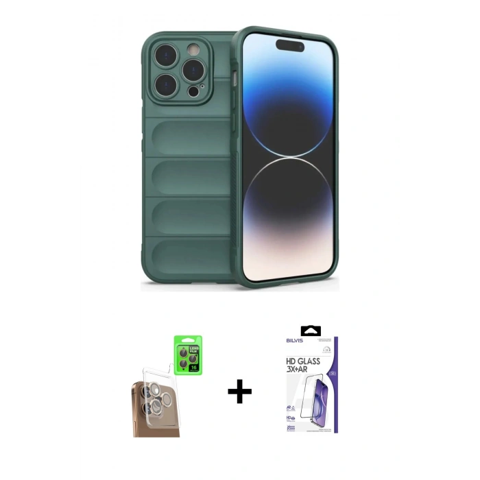 MARSİLYAN™- iPhone 16 Pro Max Kılıf Atlas Koleksiyonu - Siyah Bilvis 3X AR HD Cam Ekran Koruyucu + Raze Metal Kamera Lens - CLTM