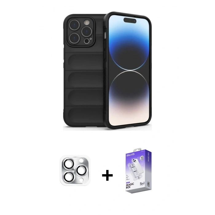 MARSİLYAN™- iPhone 16 Pro Max Kılıf Atlas Koleksiyonu - Siyah Bilvis 5in1 3D Magic Cam Ekran Koruyucu + Gümüş Pers Alüminyum Kamera Lens