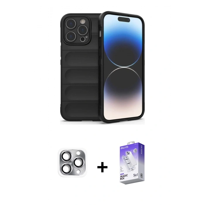 MARSİLYAN™- iPhone 16 Pro Max Kılıf Atlas Koleksiyonu - Siyah Bilvis 5in1 3D Magic Cam Ekran Koruyucu + Pers Alüminyum Kamera Lens - GI
