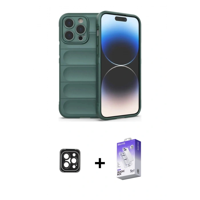 MARSİLYAN™- iPhone 16 Pro Max Kılıf Atlas Koleksiyonu - Siyah Bilvis 5in1 3D Magic Cam Ekran Koruyucu + PVD Metal Kamera Lens - SH