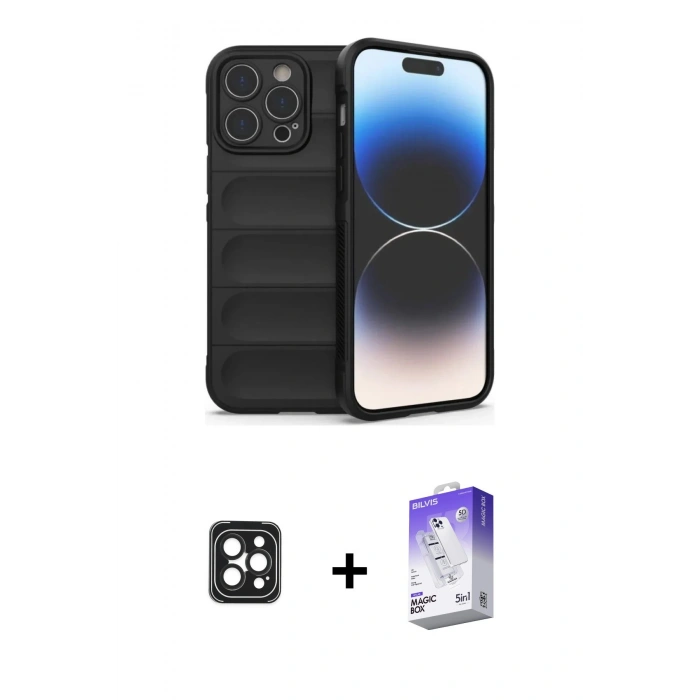 MARSİLYAN™- iPhone 16 Pro Max Kılıf Atlas Koleksiyonu - Siyah Bilvis 5in1 3D Magic Cam Ekran Koruyucu + PVD Metal Kamera Lens - SH