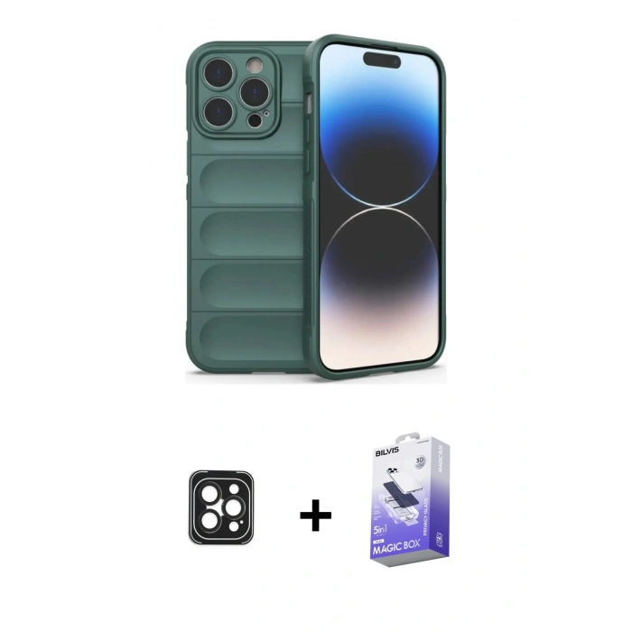 MARSİLYAN™- iPhone 16 Pro Max Kılıf Atlas Koleksiyonu - Siyah Bilvis 5in1 5D Magic Hayalet Cam Ekran Koruyucu + PVD Metal Kamera Lens - SH