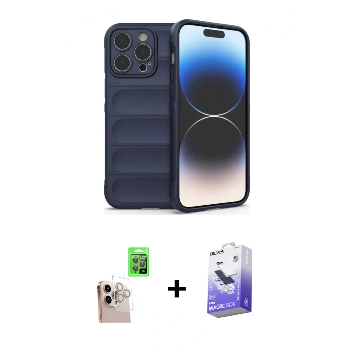 MARSİLYAN™- iPhone 16 Pro Max Kılıf Atlas Koleksiyonu - Siyah Bilvis 5in1 5D Magic Hayalet Cam Ekran Koruyucu + Natural Grey Raze Metal Kamera Lens