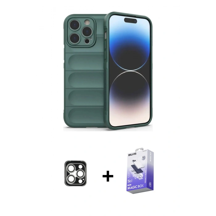 MARSİLYAN™- iPhone 16 Pro Max Kılıf Atlas Koleksiyonu - Siyah Bilvis 5in1 5D Magic Hayalet Cam Ekran Koruyucu + PVD Metal Kamera Lens - GS