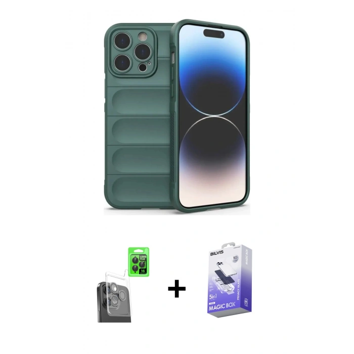 MARSİLYAN™- iPhone 16 Pro Max Kılıf Atlas Koleksiyonu - Siyah Bilvis 5in1 5D Magic Hayalet Cam Ekran Koruyucu + Raze Metal Kamera Lens - SH
