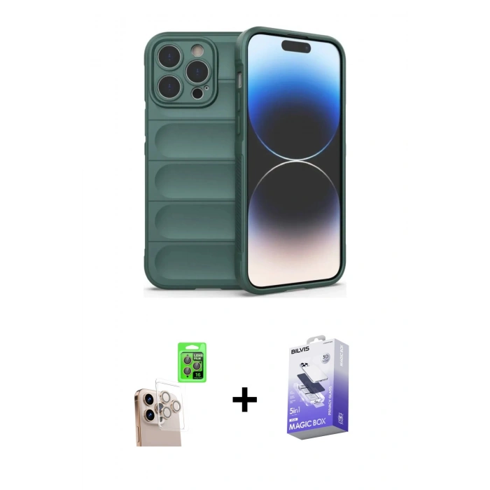 MARSİLYAN™- iPhone 16 Pro Max Kılıf Atlas Koleksiyonu - Siyah Bilvis 5in1 5D Magic Hayalet Cam Ekran Koruyucu + Natural Grey Raze Metal Kamera Lens