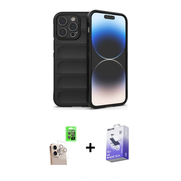 MARSİLYAN™- iPhone 16 Pro Max Kılıf Atlas Koleksiyonu - Siyah Bilvis 5in1 5D Magic Hayalet Cam Ekran Koruyucu + Natural Grey Raze Metal Kamera Lens