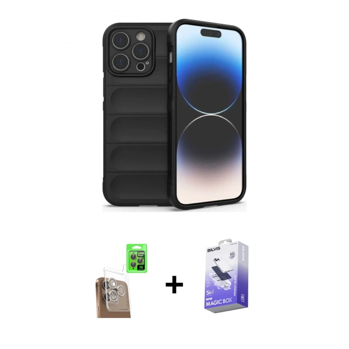 MARSİLYAN™- iPhone 16 Pro Max Kılıf Atlas Koleksiyonu - Siyah Bilvis 5in1 5D Magic Hayalet Cam Ekran Koruyucu + Raze Metal Kamera Lens - CLTM