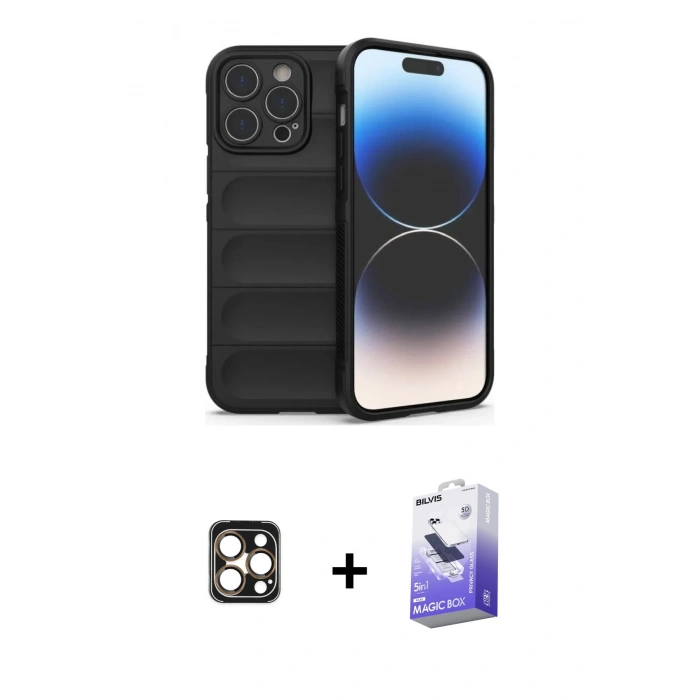 MARSİLYAN™- iPhone 16 Pro Max Kılıf Atlas Koleksiyonu - Siyah Bilvis 5in1 5D Magic Hayalet Cam Ekran Koruyucu + PVD Metal Kamera Lens - GD
