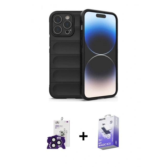 MARSİLYAN™- iPhone 16 Pro Max Kılıf Atlas Koleksiyonu - Siyah Bilvis 5in1 5D Magic Hayalet Cam Ekran Koruyucu + Bilvis Titan Kamera Lens - SH
