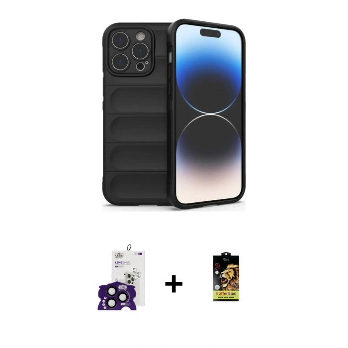 MARSİLYAN™- iPhone 16 Pro Max Kılıf Atlas Koleksiyonu - Siyah Buffer Cam Ekran Koruyucu + Bilvis Titan Kamera Lens - SH