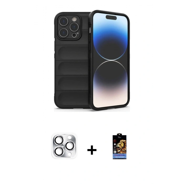 MARSİLYAN™- iPhone 16 Pro Max Kılıf Atlas Koleksiyonu - Siyah Buffer Hayalet Cam Ekran Koruyucu + Gümüş Pers Alüminyum Kamera Lens