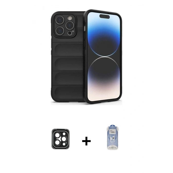 MARSİLYAN™- iPhone 16 Pro Max Kılıf Atlas Koleksiyonu - Siyah Joko Magic 5D Cam + PVD Metal Kamera Lens - SH