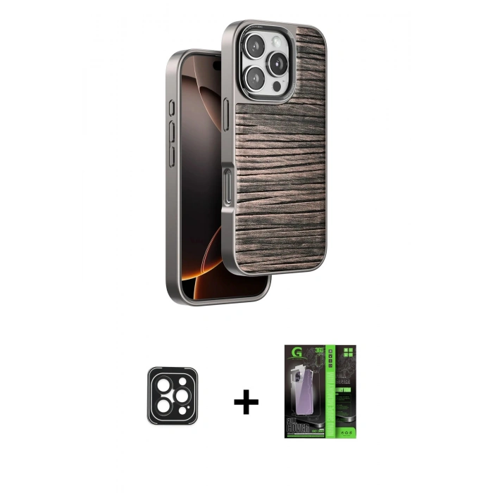 MARSİLYAN™- iPhone 16 Pro Max Kılıf Atlas Minimal Özel Seri - Şeffaf 360 Full Body Arka Koruyucu + PVD Metal Kamera Lens - SH
