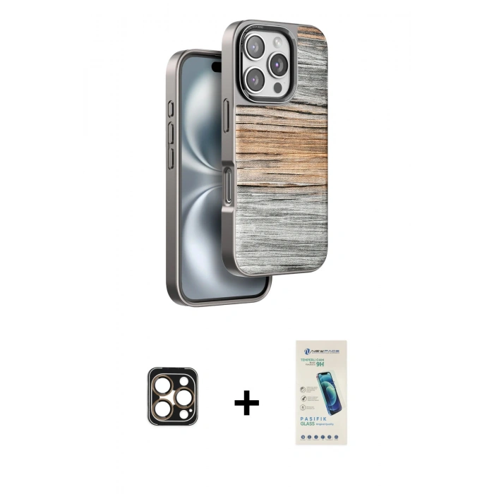 MARSİLYAN™- iPhone 16 Pro Max Kılıf Atlas Minimal Özel Seri - Şeffaf Pasifik Cam Ekran Koruyucu + PVD Metal Kamera Lens - GD