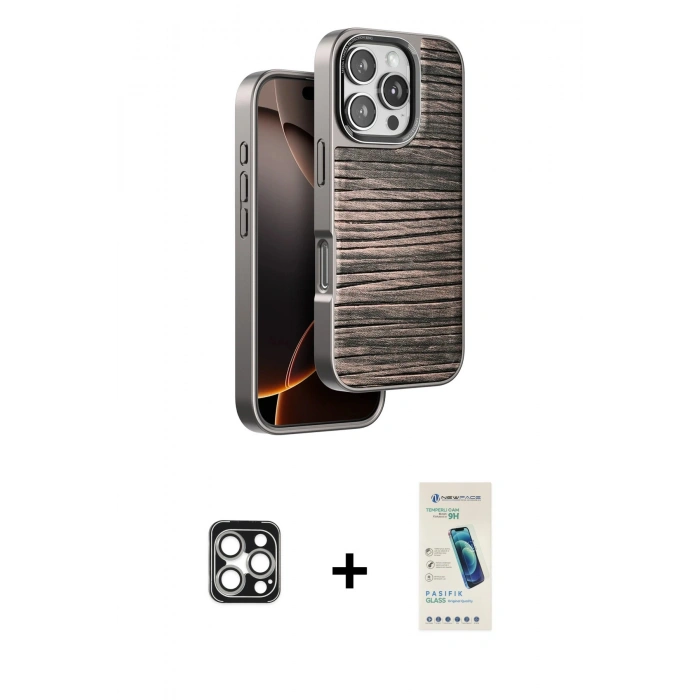MARSİLYAN™- iPhone 16 Pro Max Kılıf Atlas Minimal Özel Seri - Şeffaf Pasifik Cam Ekran Koruyucu + PVD Metal Kamera Lens - GS