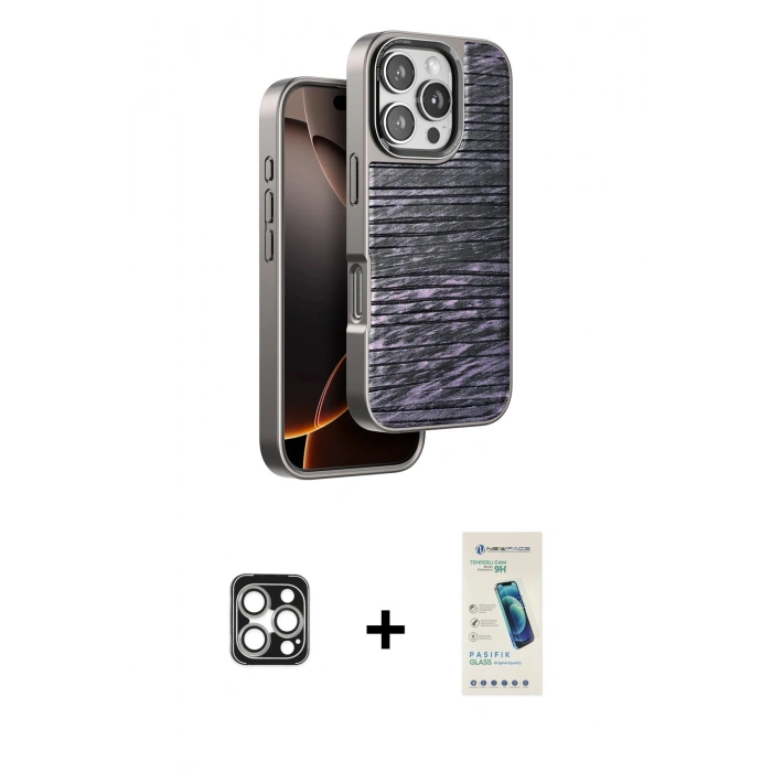 MARSİLYAN™- iPhone 16 Pro Max Kılıf Atlas Minimal Özel Seri - Şeffaf Pasifik Cam Ekran Koruyucu + PVD Metal Kamera Lens - GS
