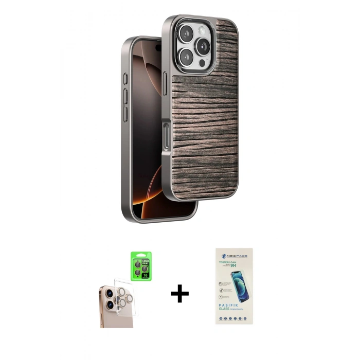 MARSİLYAN™- iPhone 16 Pro Max Kılıf Atlas Minimal Özel Seri - Şeffaf Pasifik Cam Ekran Koruyucu + Raze Metal Kamera Lens - NLGY