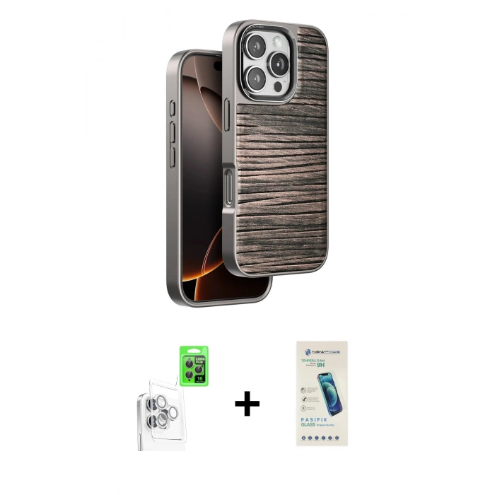 MARSİLYAN™- iPhone 16 Pro Max Kılıf Atlas Minimal Özel Seri - Şeffaf Pasifik Cam Ekran Koruyucu + Raze Metal Kamera Lens - BZ