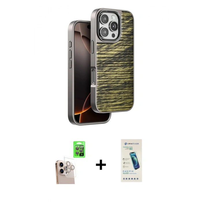 MARSİLYAN™- iPhone 16 Pro Max Kılıf Atlas Minimal Özel Seri - Şeffaf Pasifik Cam Ekran Koruyucu + Raze Metal Kamera Lens - NLGY
