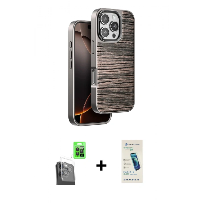 MARSİLYAN™- iPhone 16 Pro Max Kılıf Atlas Minimal Özel Seri - Şeffaf Pasifik Cam Ekran Koruyucu + Raze Metal Kamera Lens - SH