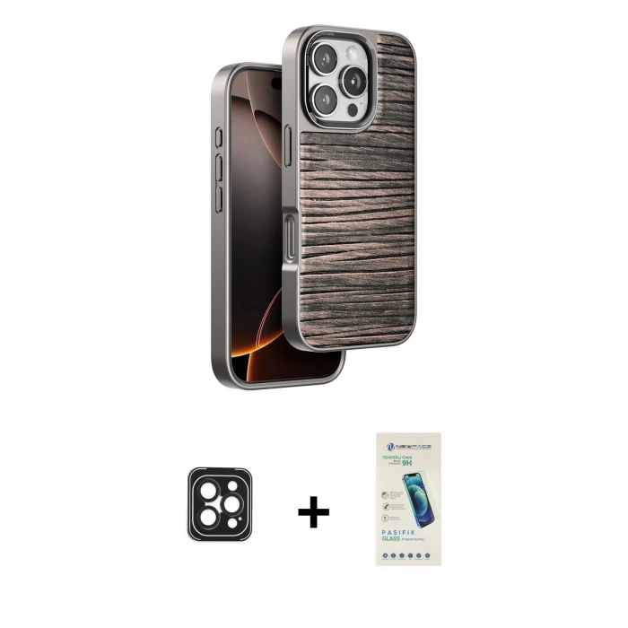 MARSİLYAN™- iPhone 16 Pro Max Kılıf Atlas Minimal Özel Seri - Şeffaf Pasifik Cam Ekran Koruyucu + PVD Metal Kamera Lens - SH