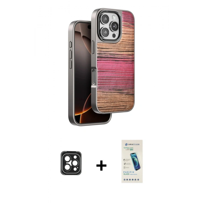 MARSİLYAN™- iPhone 16 Pro Max Kılıf Atlas Minimal Özel Seri - Şeffaf Pasifik Cam Ekran Koruyucu + PVD Metal Kamera Lens - SH