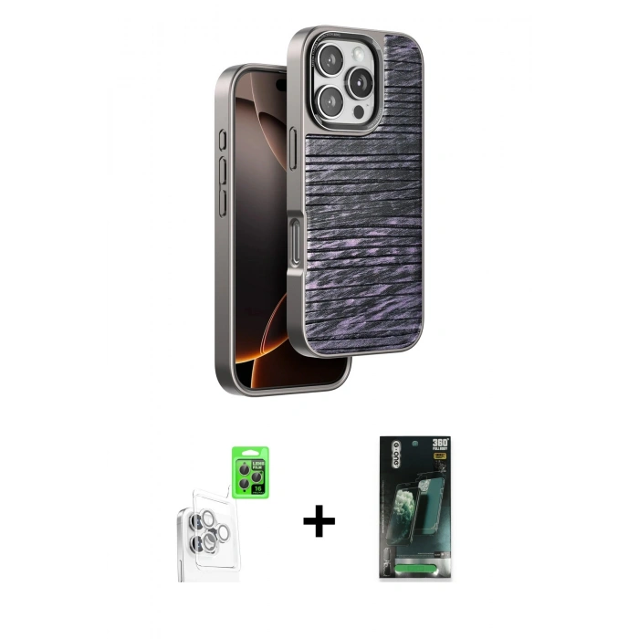 MARSİLYAN™- iPhone 16 Pro Max Kılıf Atlas Minimal Özel Seri - Siyah 360 Mat Full Body Arka Koruyucu + Raze Metal Kamera Lens - BZ